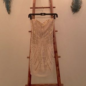 Gold beaded strapless dress